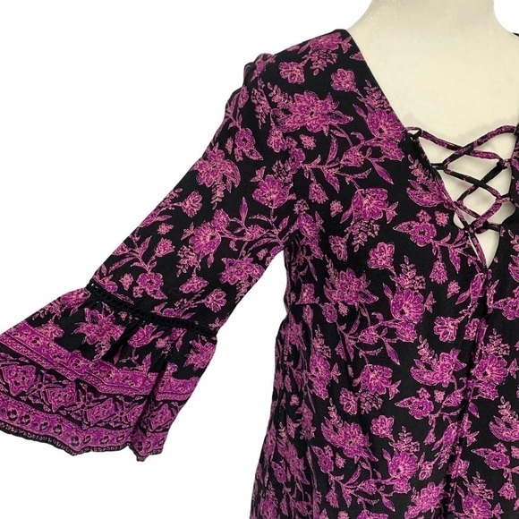forever 21 Lined Boho Mini Dress Bell Sleeve Floral Purple Size S - Picture 4 of 7